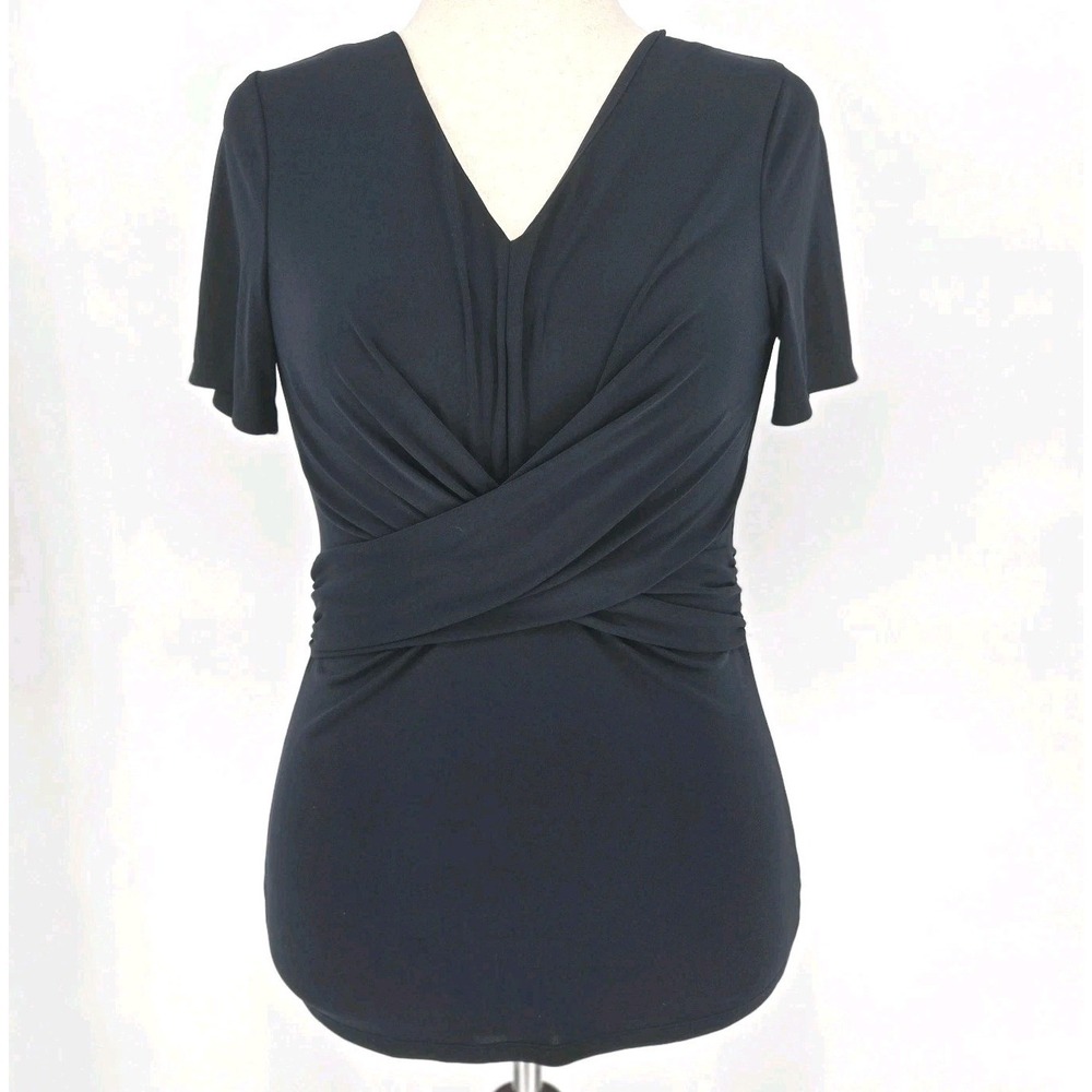 Ann Taylor Petite Navy Twist Front Top V Neck Short Sleeve Blouse MP
